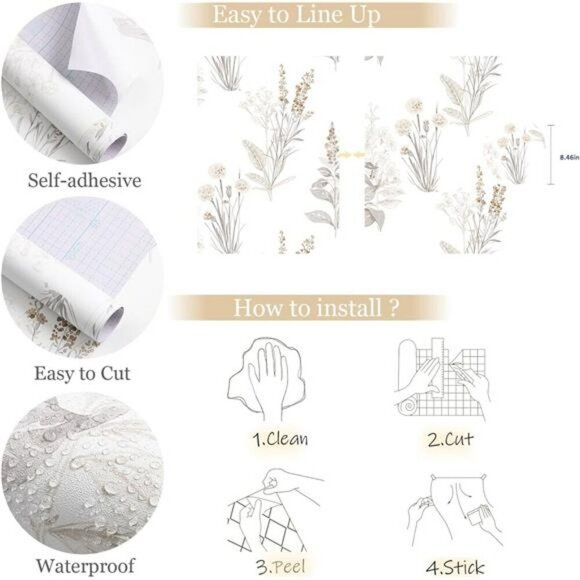 Peel and Stick Floral Wallpaper Beige Boho Removable Contact Paper 118in - Picture 3 of 7